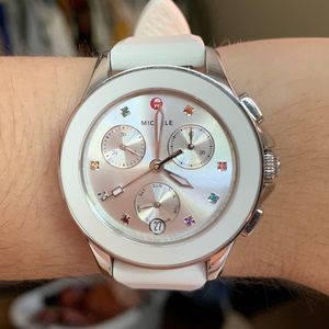 Michele Cape Watch - White with Rainbow Topaz